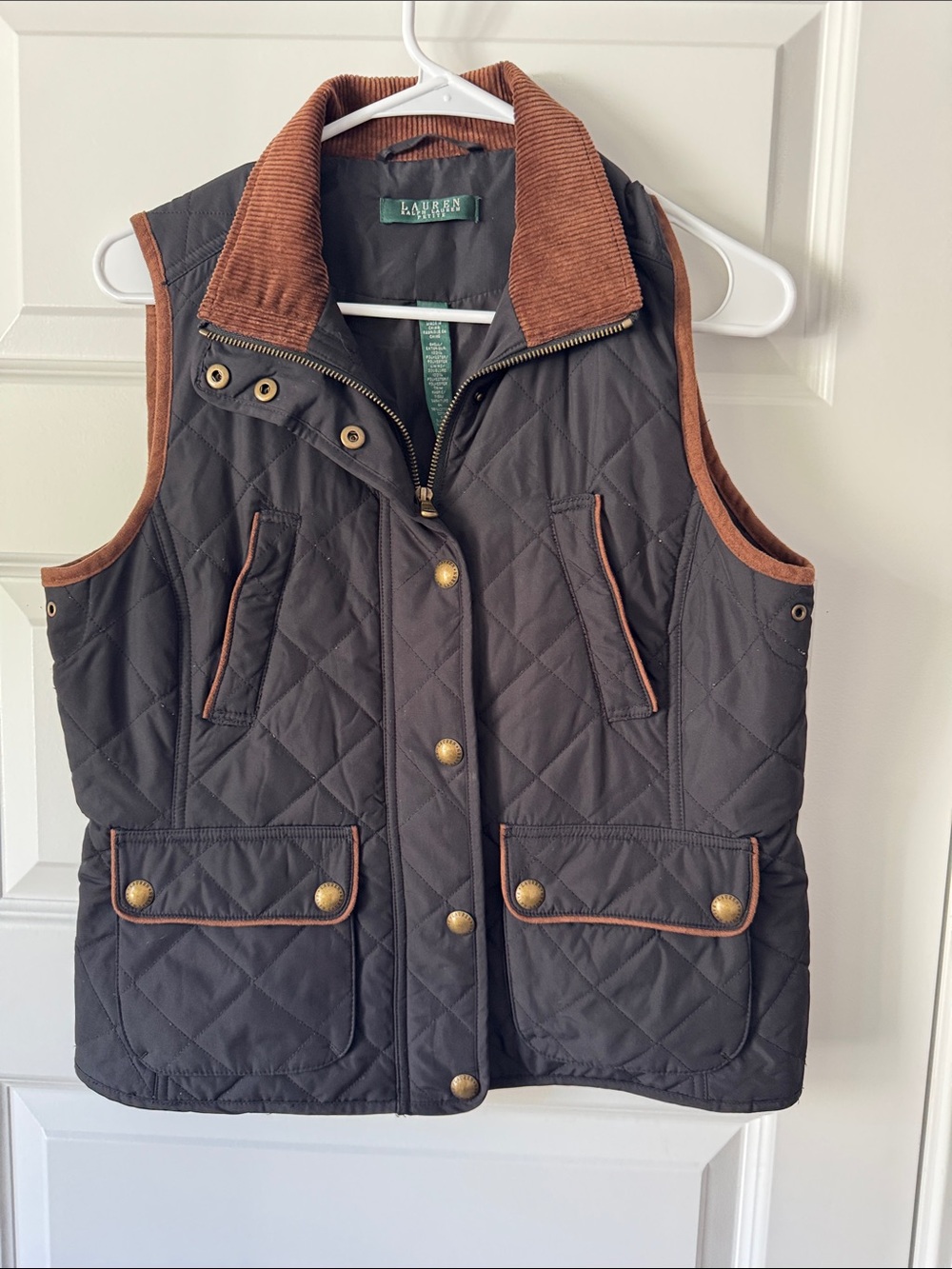 Lauren Ralph Lauren Quilted Black Vest with Brown Trim